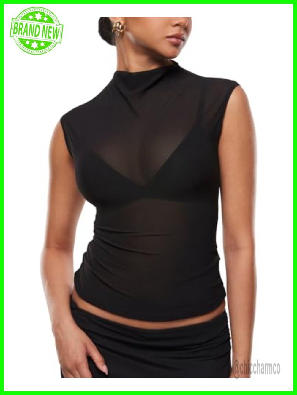 Women's Mesh Mock Neck Tank Top Sheer Sleeveless Slim Fit